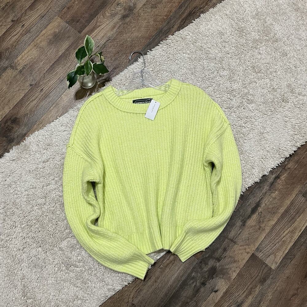 American Eagle Size XS Oversized Neon Yellow Raw Seam Crewneck Sweater NWT